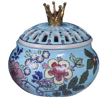 欧式镂空香薰炉工艺品 彩绘陶瓷镶铜檀香炉摆件家居饰品桌面软装