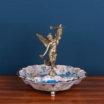 欧式田园创意彩绘陶瓷配铜女神干果碟 家居果盘客厅茶几软装摆件
