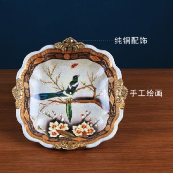 欧式田园创意干果盘 陶瓷镶铜钥匙收纳盘家居饰品客厅玄关摆件