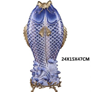 陶瓷配铜双鲤鱼摆件酒柜装饰品客厅玄关新中式工艺品