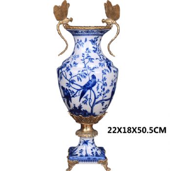 新中式工艺品蜻蜓顶花插陶瓷配铜摆件酒柜装饰品客厅玄关