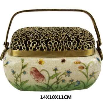 陶瓷配铜香熏盒新中式工艺品