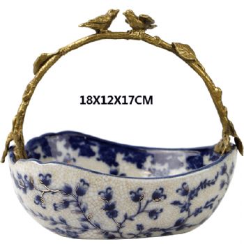 陶瓷配铜平底提篮新中式工艺品摆件酒柜装饰品客厅玄关