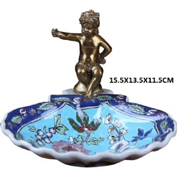 陶瓷配铜摆件贝壳碟托盘工艺品客厅玄关装饰品