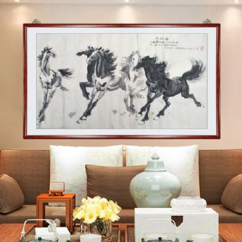 六骏图 书画家胡景德先生手绘作品 长江黄河水 升值空间巨大 花梨木圆角框