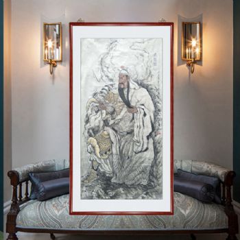 武圣关公 纯手绘名家国画 水墨人物画 书画家胡景德先生作品 实木框花梨木