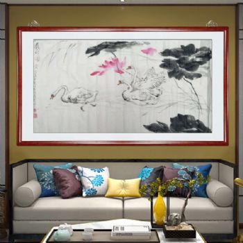 戏水图 荷花水池鹅戏水 胡景德手绘作品 书画名家 水墨画 实木花梨框