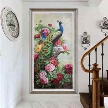 花鸟画纯手工手绘孔雀油画中式客厅玄关走廊卧室挂画油画风景动物油画