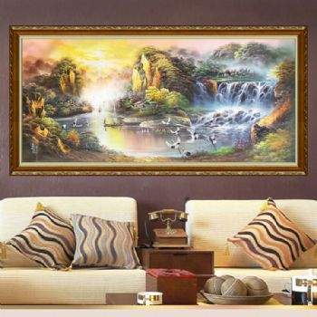 手绘油画图片欣赏 中式油画 大芬村油画作品欣赏 奢华实木框 客厅挂画 别墅大厅挂画