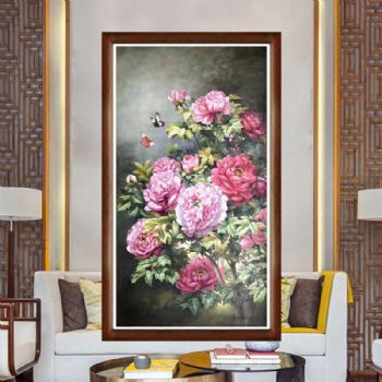 精品手绘油画中式油画富贵牡丹油画适合客厅玄关挂画实木画框