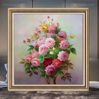 手绘花卉油画作品粉红色的玫瑰花
