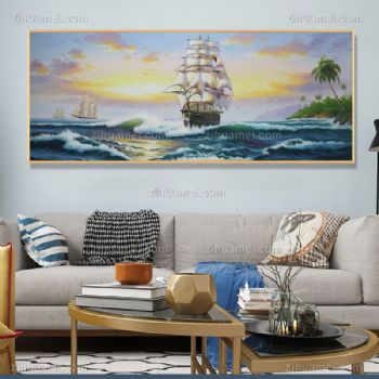 纯手绘海浪帆船风景油画一帆风顺客厅大厅挂画