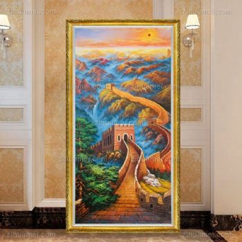 风景油画长城图步步高升松柏图